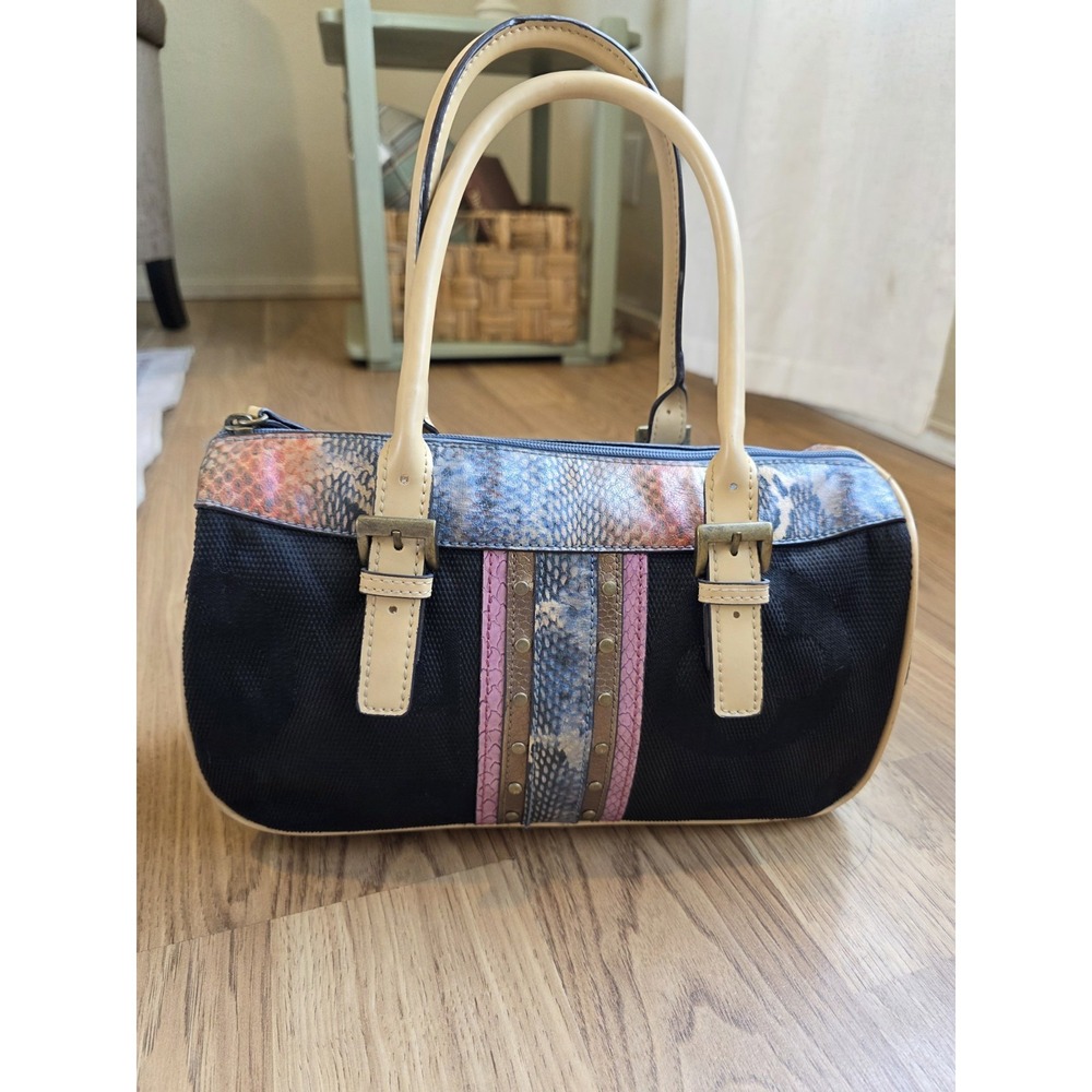 Mondani Satchel Bag Purse Cotton Navy Faux‎ Snakeskin Colorful Handbag